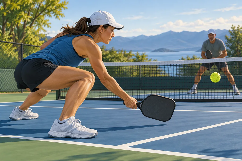 Joueur de pickleball genoux fléchis et raquette basse, prêt à relever un smash.