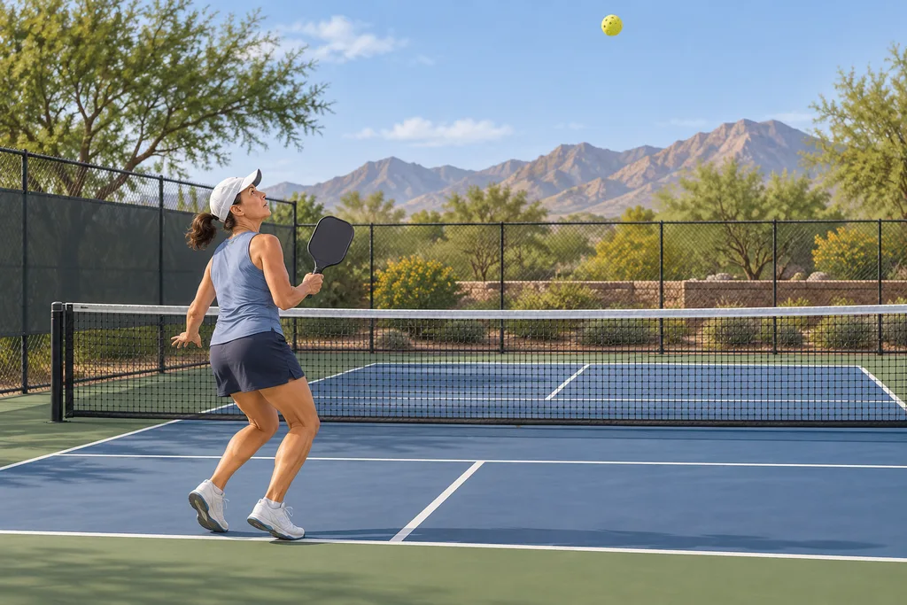Joueur de pickleball qui recule en regardant vers le filet pour se replacer sous un lob.