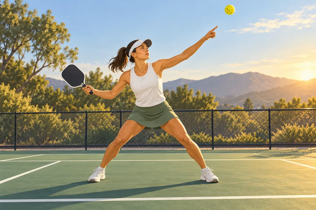 Joueur de pickleball en position sous une balle haute, main libre pointée vers elle, raquette prête derrière la tête.