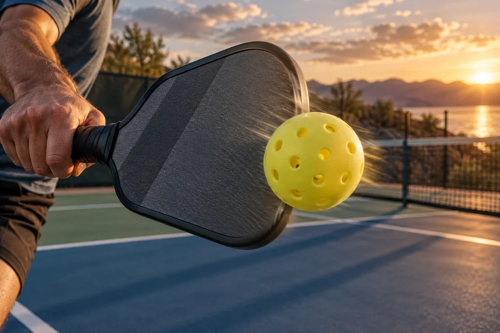 Gros plan sur une raquette de pickleball qui frappe une balle au sommet de sa trajectoire, avec un geste bref.