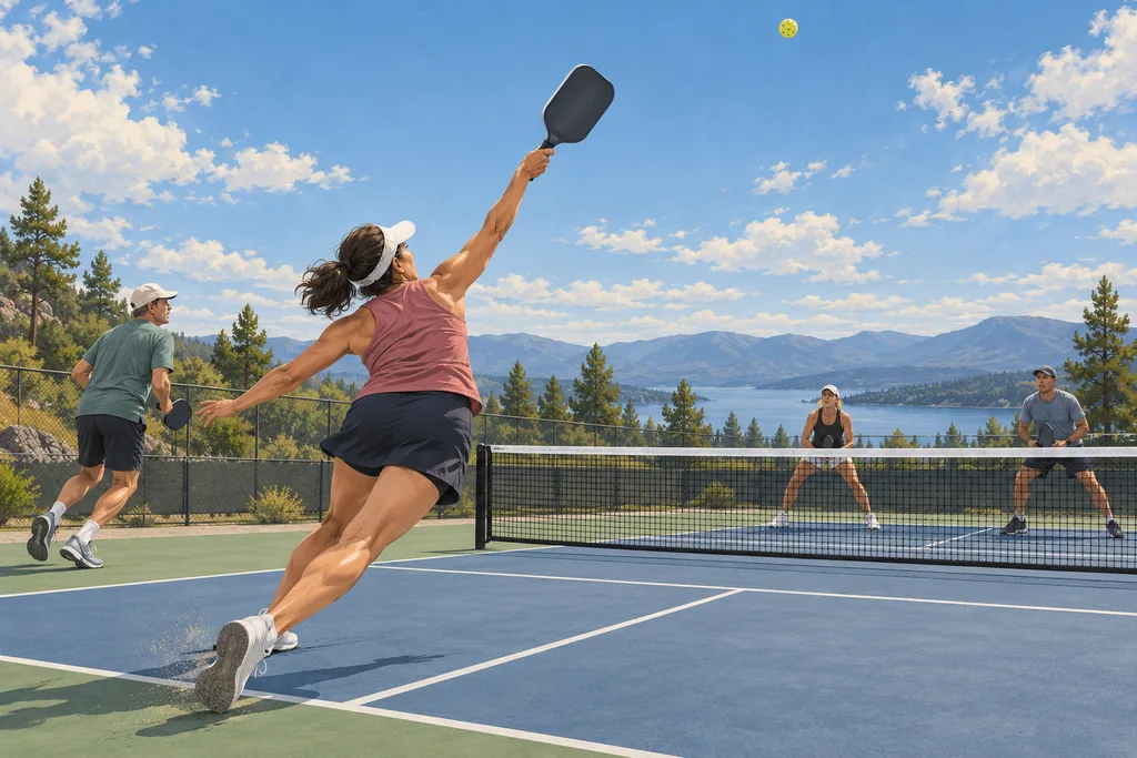 Joueur de pickleball en difficulté qui lève un lob profond pendant que son partenaire revient en position.