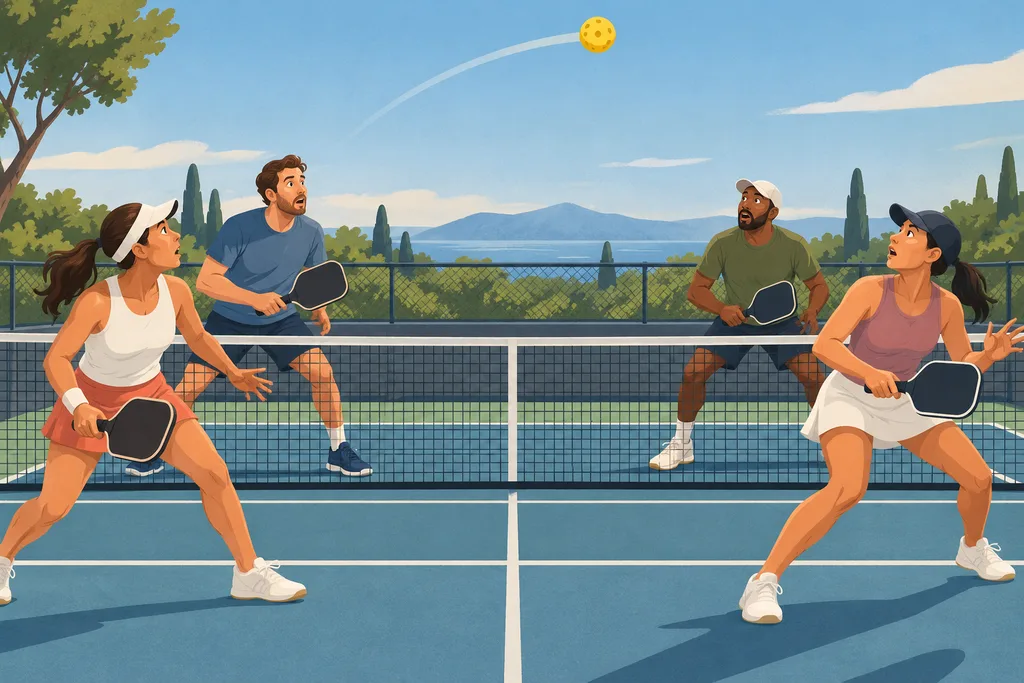 Balle de pickleball qui passe en arc au-dessus de deux joueurs placés près du filet.